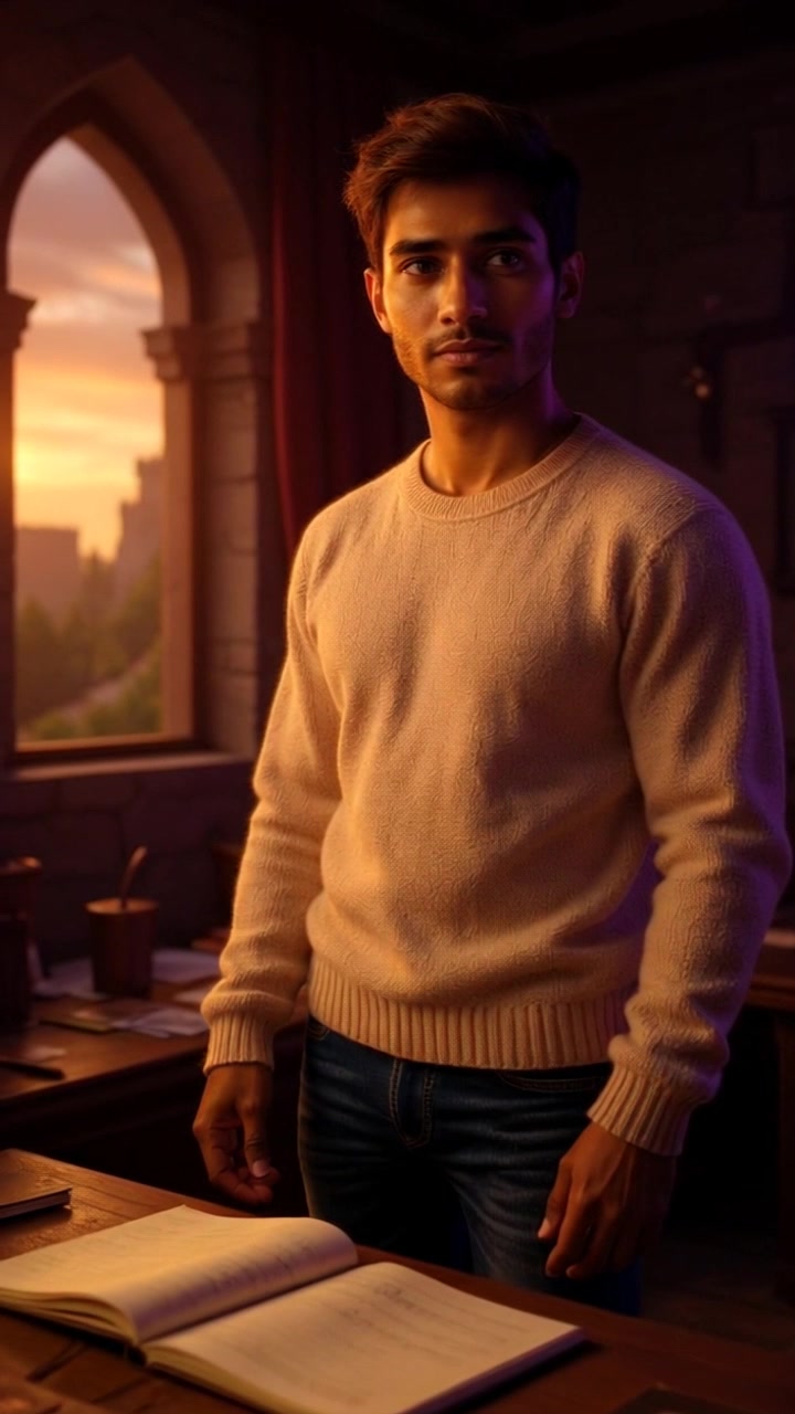 Subject: A determined figure standing outside. Scene: The setting sun casts a warm glow in the background, illuminating a scenic outdoor landscape. Motion: Camera pushes in slowly towards the figure, capturing the determination in their stance as the warm hues of dusk envelop the surroundings, creating an inviting atmosphere.