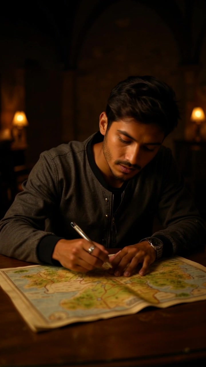 Subject: A young man with dark hair and a beard. Subject movement: He gestures with his hand while marking the map, leaning forward in concentration. Scene: The scene takes place in a cozy, warmly lit room with a wooden table and two softly glowing lamps in the background. Style: The lighting is inviting, enhancing the rich tones of the wood and the details of the map. Motion: Camera slowly pans around the table, capturing the focused expression of the man as he works, revealing more of the warm ambiance of the room.