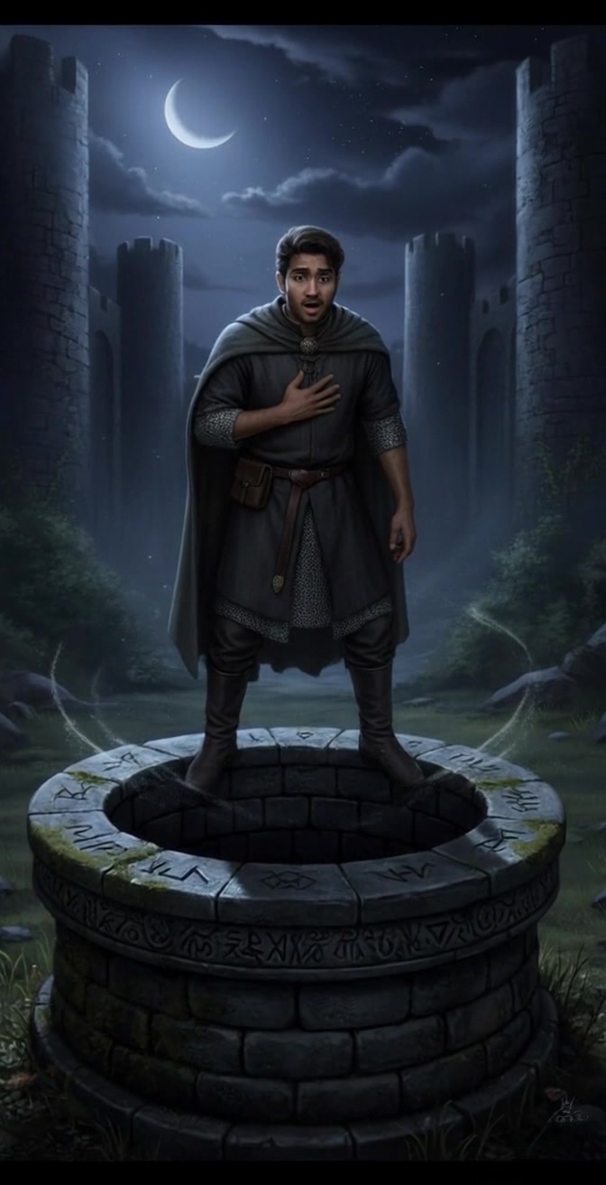 Subject: A young man dressed in medieval clothing and a cloak. Subject movement: He stands at the edge of an ancient stone well, appearing surprised as he gazes into its depths. Scene: Nighttime setting with a crescent moon illuminating the background castle towers, casting an eerie light on the well adorned with mystical symbols. Motion: The camera slowly pushes in towards the young man, capturing the intricate details of the well and his expression, while ambient moonlight creates a mystical atmosphere.