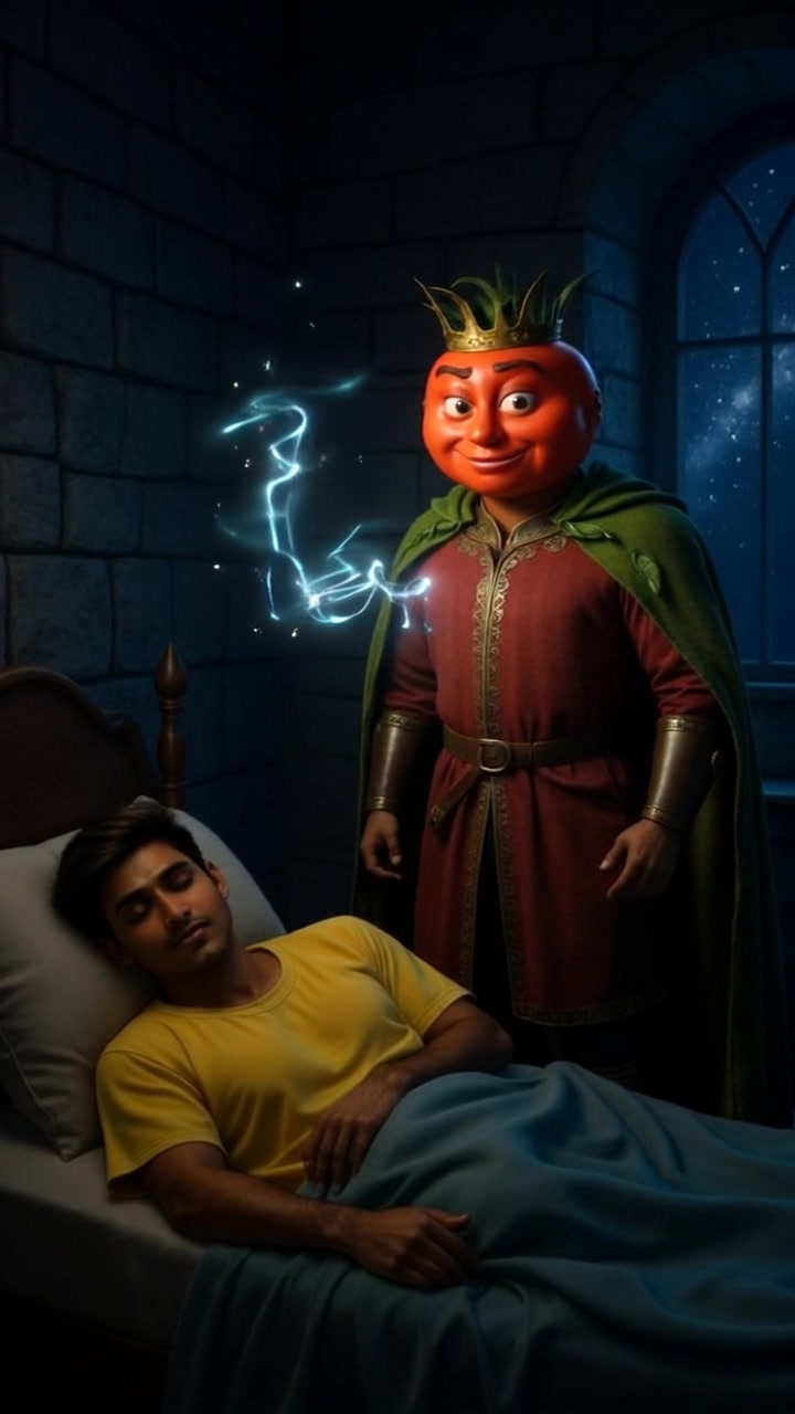 Subject: A fantastical character with a red, round head wearing a golden crown, green cape, and red robe. Subject movement: The character gently sways, with glowing magical light swirling around. Scene: Inside a stone-walled room, the young man sleeps in bed under a blue blanket, with a window revealing a starry night sky. Style: Soft, ambient lighting from the glow of the magical light and the stars outside, creating a serene atmosphere. Motion: Camera slowly pans in from above, capturing the enchanting scene, and shifts between the character and the sleeping young man, immersing the viewer in this whimsical moment.