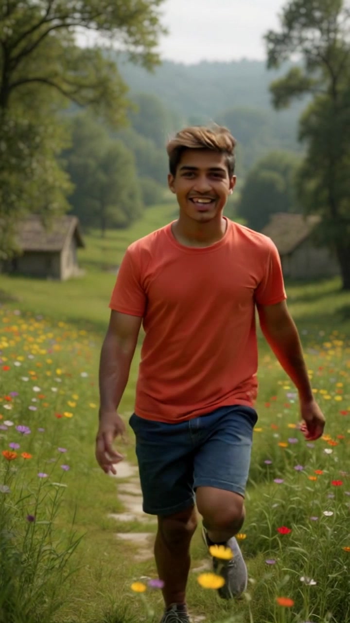 Subject: A joyful child playing in a sunny grassy area filled with vibrant wildflowers. Subject movement: The child runs and twirls around, kicking up tufts of grass and petals, laughing with delight. Scene: A picturesque meadow dotted with colorful wildflowers under a clear blue sky. Style: Warm, sunlight bathing the scene in a golden glow, creating a cheerful atmosphere. Motion: Camera follows closely with a smooth, playful handheld tracking shot, capturing the child's movements and the swaying flowers in the breeze.