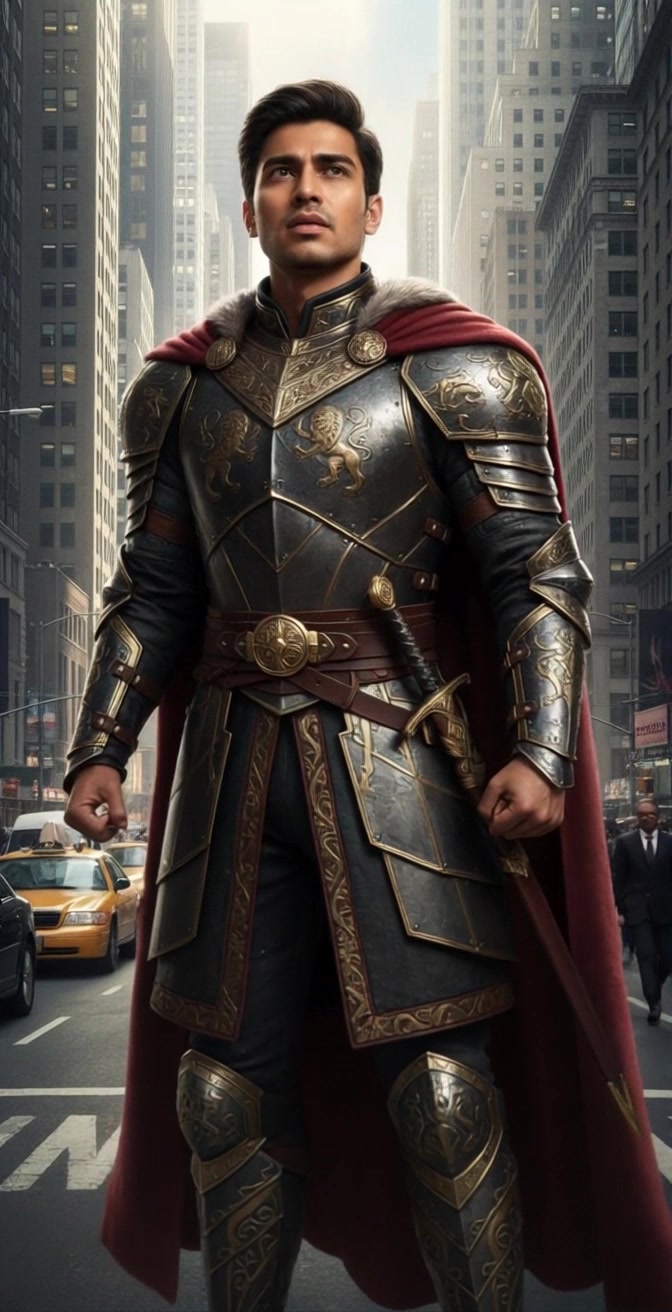 Subject: A young man in detailed medieval armor with lion emblems and a flowing red cape. Subject movement: He stands confidently in the bustling city street, his cape fluttering slightly in the breeze. Scene: The setting is a vibrant city street, lined with towering buildings and yellow taxis. Style: Bright, midday lighting illuminating the urban landscape with sharp contrasts. Motion: The camera begins with a sweeping high-angle shot, then pushes in for a close-up, capturing the intricate details of the armor while the energetic city life unfolds around him.