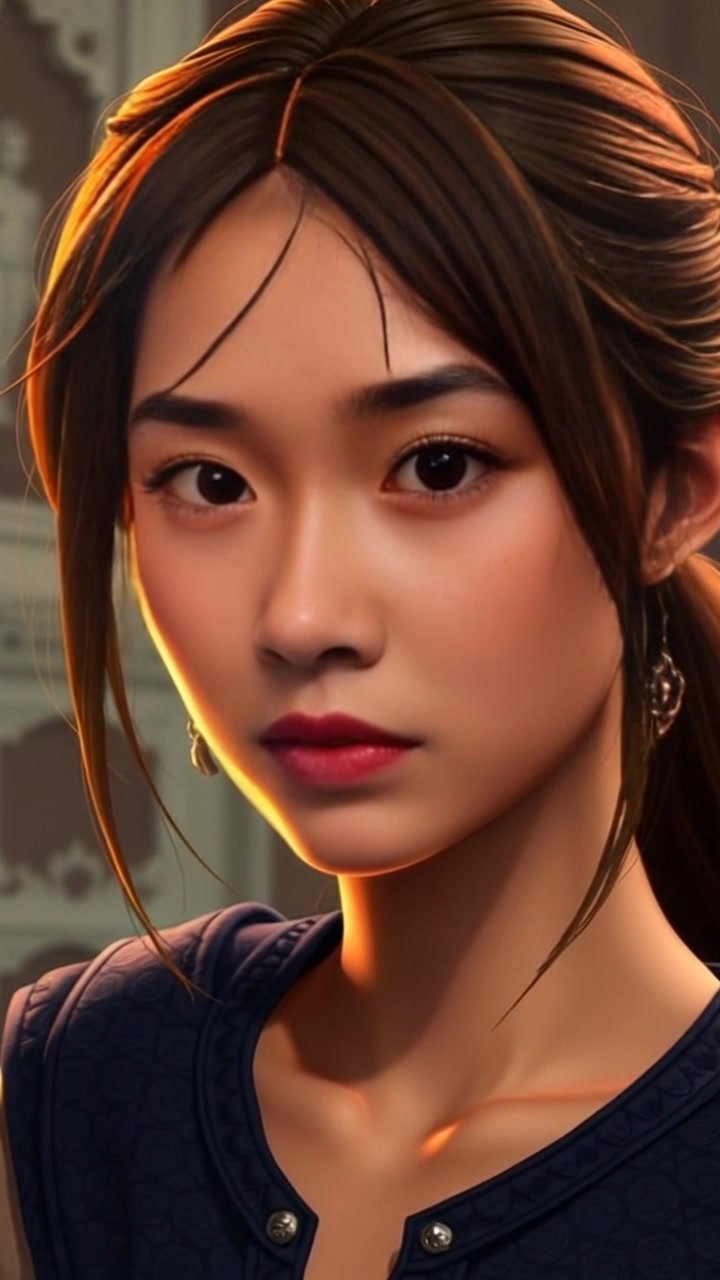 Subject: A young woman with a serious expression. Scene: Close-up of Mei, with her hair styled in a low ponytail, prominently featuring her facial details against a softly blurred background. Style: Soft, diffused lighting enhances the contemplative mood, with a focus on her intense gaze. Motion: The camera slowly pushes in to emphasize her expression, capturing the subtle tension in her features.