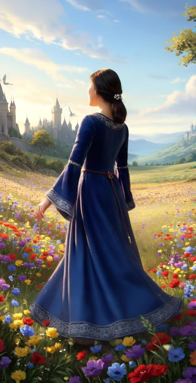 Subject: A young woman in a blue medieval-style dress, standing gracefully amidst a vibrant flower field. Subject movement: She twirls slowly, her dress flowing beautifully around her as she gazes dreamily at the distant castles and flying dragons. Scene: A colorful flower field, with castles and dragons in the background under a bright, sunny sky. Style: Bright daylight illuminating the scene, enhancing the colorfulness of the flowers and the whimsical nature of the setting. Motion: The camera rotates gently around the woman, capturing her elegant movement and the enchanting landscape, creating a sense of wonder and magic.