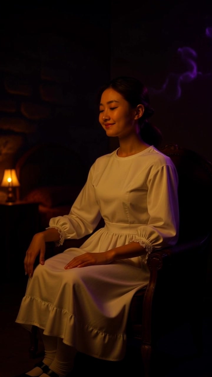 Subject: A woman sitting comfortably on a couch, smiling as she gazes around her cozy living room. Scene: Warm living room filled with soft lighting, inviting decor, and a relaxed atmosphere. Motion: The camera slowly pushes in to capture her genuine expression, while the cozy environment gently blurs in the background, enhancing the intimate feel of the moment.