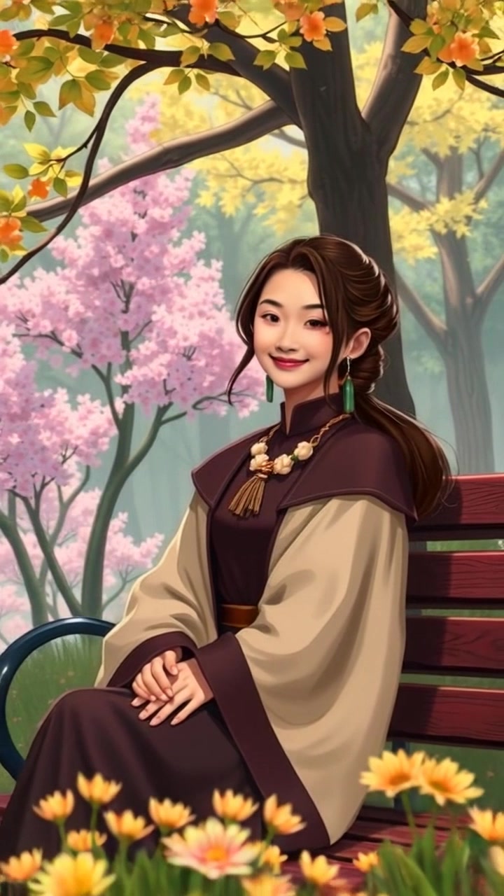 Subject: A woman sitting on a park bench, smiling brightly. Scene: Surrounded by a lush array of blooming flowers and vibrant trees in a sunny park setting. Motion: The camera begins with a soft close-up of her joyful expression, then gently zooms out to capture the beauty of the surrounding garden, all bathed in warm, inviting sunlight.