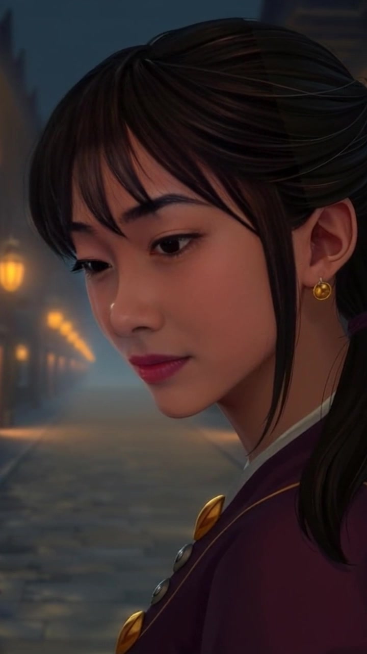 Scene: A dimly lit street at night, with flickering streetlights casting soft shadows. Style: Moody, ambient lighting creating a contemplative atmosphere. Motion: The camera slowly pushes in on Mei's face, capturing the subtle nuances of her expression as she looks lost in thought, with the surrounding street fading into a gentle bokeh.