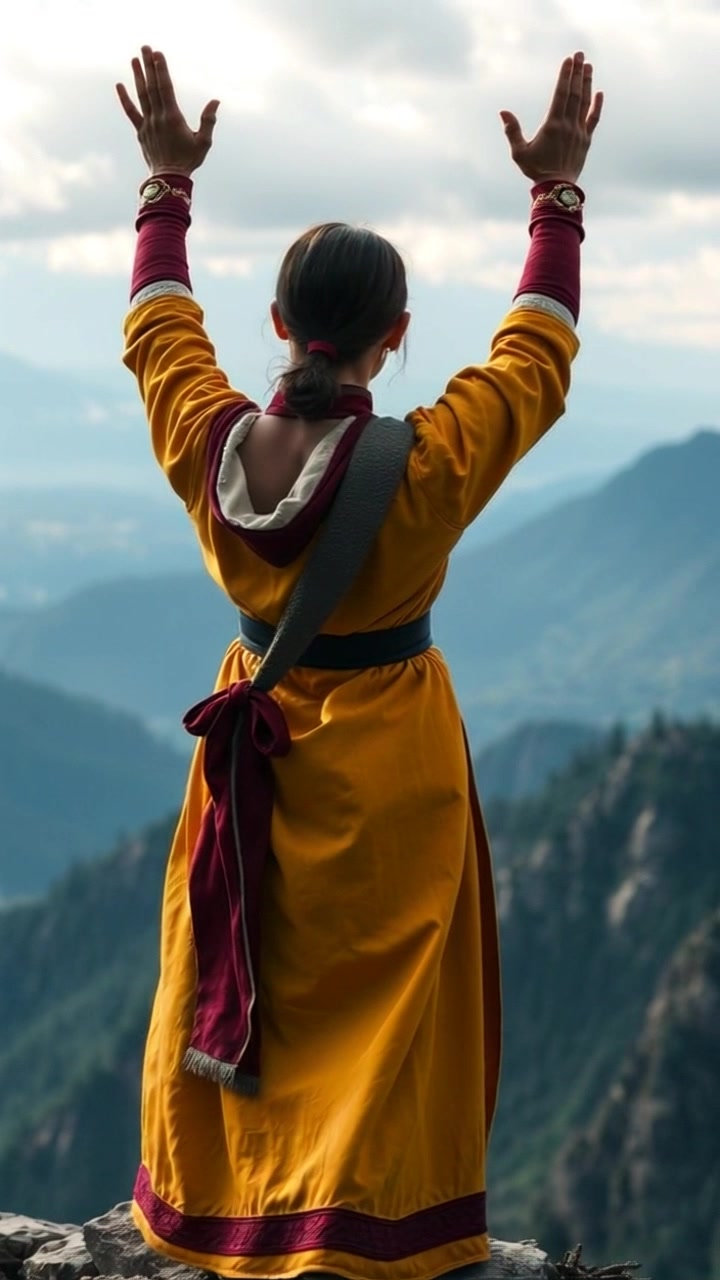 Subject: A figure standing triumphantly on a mountain peak. Subject movement: The figure holds her arms raised confidently against the backdrop of a vast landscape. Scene: A panoramic view from a mountain summit, showcasing distant valleys and peaks under a bright blue sky. Style: Clear morning light illuminating the scene, creating a vibrant atmosphere. Motion: The camera pushes in slowly from a wide shot of the landscape, then shifts upward to focus on the figure, capturing the expansive beauty of nature around her.