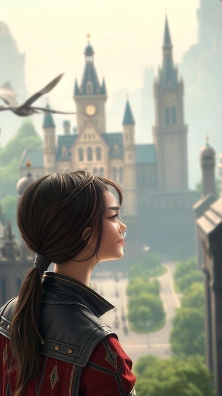 Subject: A young woman with a thoughtful expression gazing out at a sprawling cityscape. Scene: Close-up of the woman with tall buildings looming large in the background, capturing the essence of a vibrant urban landscape. Style: Soft afternoon light accentuating her features and the architectural details. Motion: The camera gently pushes in, focusing on her face while the bustling city comes to life behind her, creating a dynamic contrast between her stillness and the movement of the city.