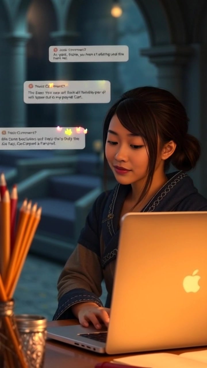Subject: A young woman intensely focused on her laptop as glowing positive comments cascade onto the screen. Subject movement: She occasionally shifts her gaze between the screen and her notes, showing engagement. Scene: A cozy home office with a wooden desk, warm lighting, and motivational decor adorning the walls. Camera: Close-up shot of the laptop screen, slightly panning to capture the woman’s expressions of delight and surprise as each comment appears. Lighting: Soft, warm ambient light creating a welcoming atmosphere, enhancing the sense of focus and positivity.