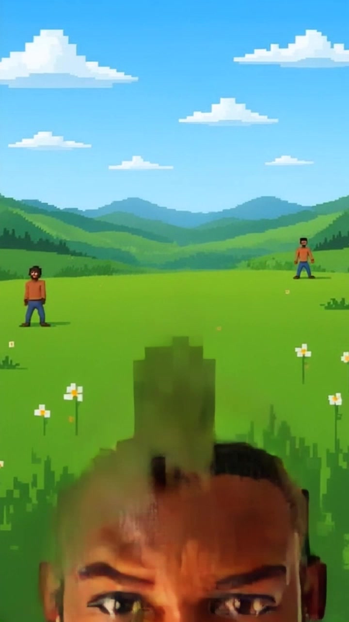 Scene: A pixelated grassy field featuring a man with a realistic face, adorned in a blue pixelated hoodie, accompanied by two smaller pixelated figures in the background where pixelated mountains rise under a bright blue sky scattered with pixel clouds. Style: Bright and vibrant atmosphere with a whimsical, digital art vibe. Motion: The camera glides smoothly forward, creating a dynamic tracking shot that reveals the expansive pixelated landscape while the figures remain still in their playful poses against the lush digital backdrop.
