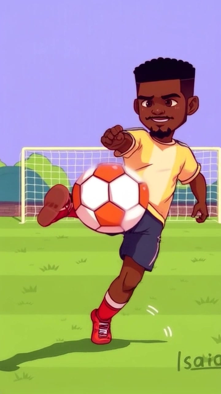 Subject: A focused player kicking a soccer ball towards the goal. Subject movement: The player accelerates forward and strikes the ball with precision, sending it soaring. Scene: A vibrant soccer field under clear blue skies, with a goalpost just ahead. Style: Bright daylight enhances the colors of the field and player jersey, conveying an energetic atmosphere. Motion: The camera follows the action with a dynamic tracking shot, starting wide to capture the scene before zooming in to highlight the decisive kick.