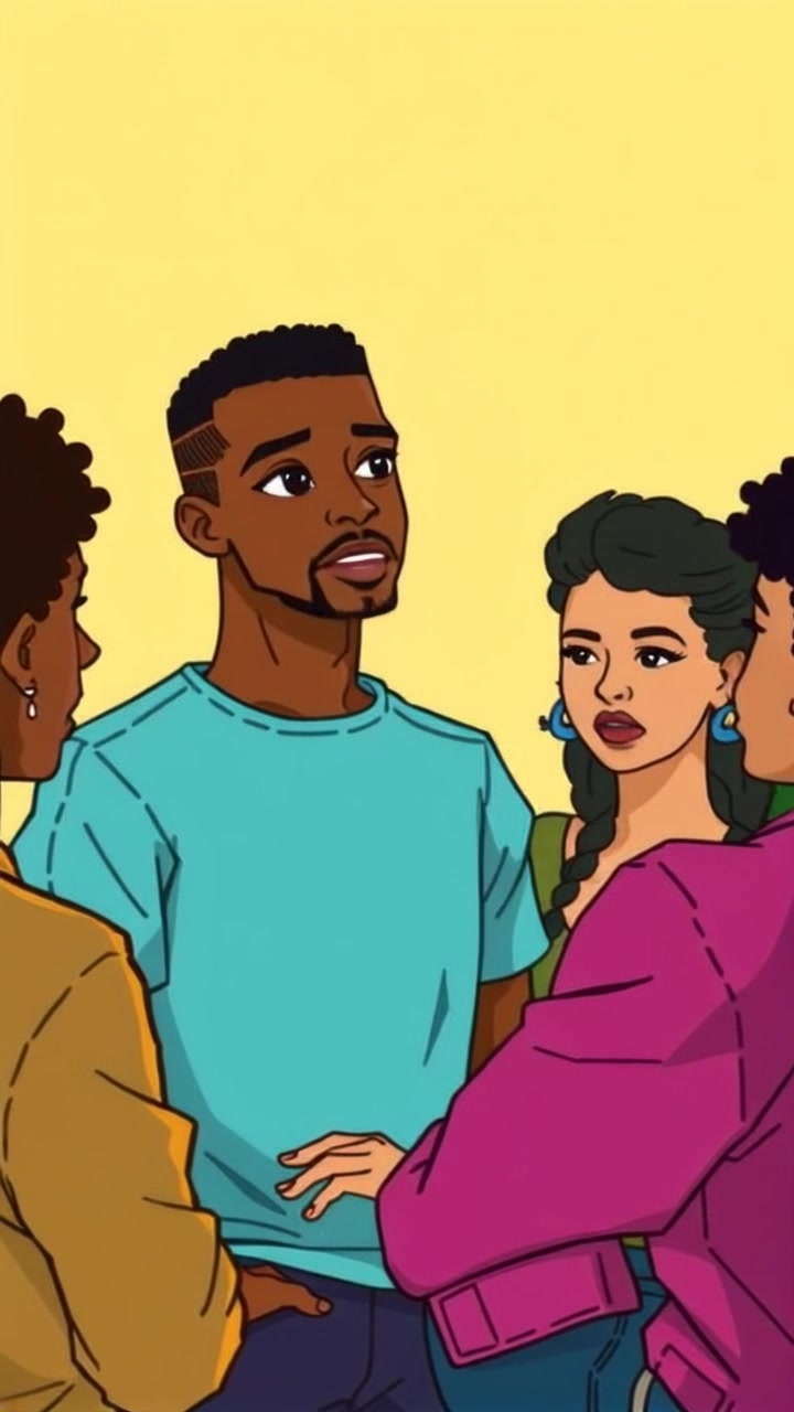 Scene: A group of friends gathered around a central figure in a bright, inviting outdoor setting, their faces exhibiting engagement and curiosity as they listen. Style: Bright daylight enhances the lively atmosphere, with greenery in the background contributing to the fresh ambiance. Motion: The camera performs a smooth, handheld tracking shot that circles around the group, capturing their expressions and reactions as Isaiah speaks animatedly.