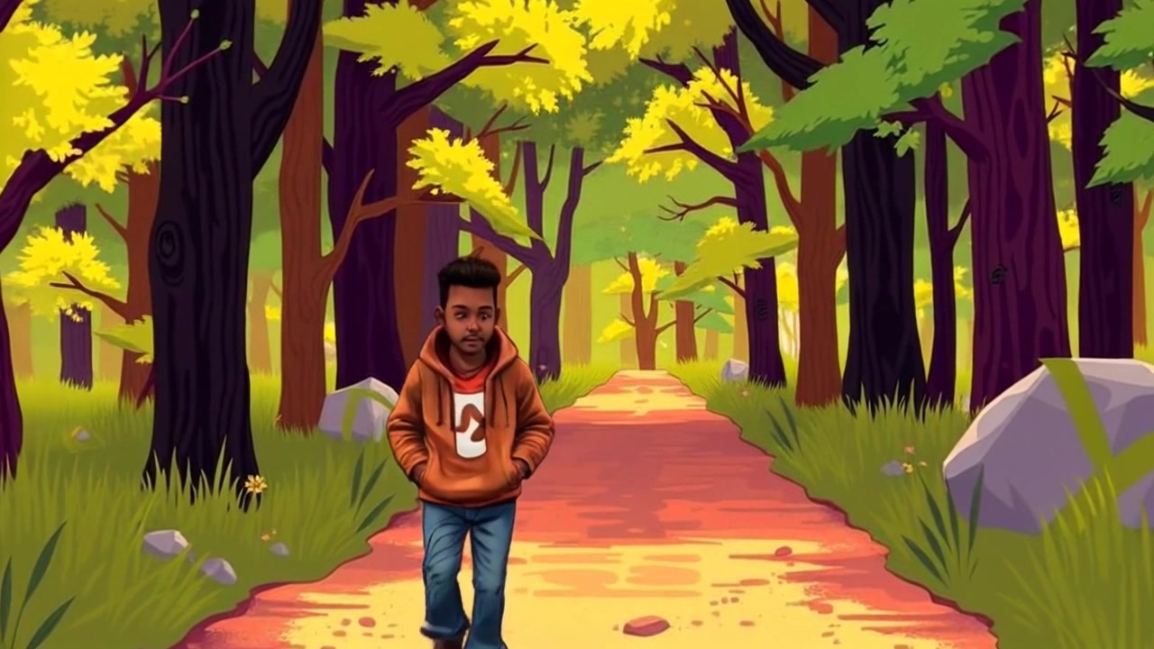 Subject: A figure walking determinedly along a dirt path. Subject movement: The figure strides purposefully into a lush green forest, with leaves gently rustling in the light breeze. Scene: A winding dirt path framed by vibrant greenery on both sides, inviting exploration into the depths of the forest. Style: Soft, dappled sunlight filtering through the leaves, creating playful patterns on the ground. Motion: Camera follows closely from behind, slowly pushing forward to reveal the forest's enchanting interior, enhancing the sense of journey.
