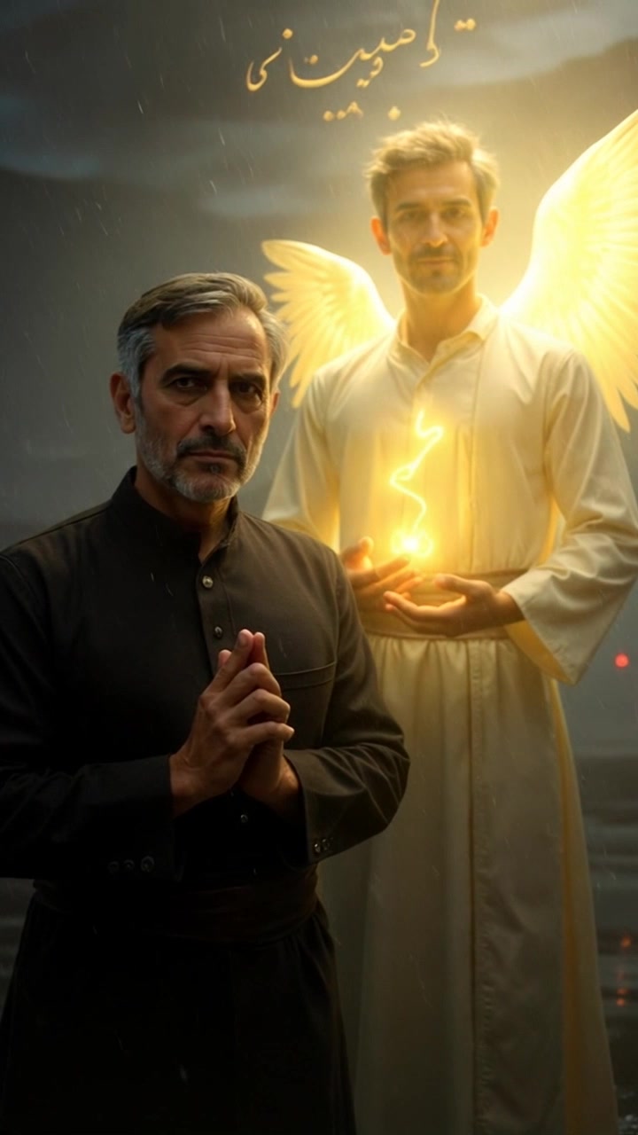 Scene: A middle-aged man stands still with hands clasped, gazing forward, while an ethereal angelic figure with glowing golden wings hovers behind him, radiating soft light against a misty, rain-like backdrop. Style: Ambient, soft lighting creates a mystical atmosphere, enhanced by the gentle shimmer of the angel's wings and the subtle glow from his hands. Motion: The camera slowly zooms in on the man as the angel's wings flutter lightly, creating a serene yet powerful presence, with the Persian text softly illuminated above.