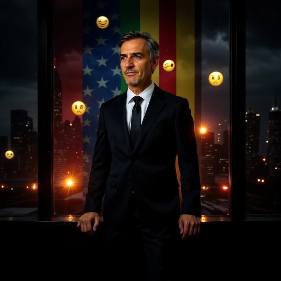Subject: A middle-aged man in a black suit and tie. Subject movement: He exudes confidence, standing still, with a slight turn of his head towards the window. Scene: Nighttime cityscape visible through the large window, with twinkling city lights and dark clouds enhancing the atmosphere. Behind him, partially visible flags and floating emoji faces express a range of emotions. Style: Ambient lighting with the soft glow of city lights juxtaposed against the dark sky. Motion: The camera pulls out slowly to reveal the surrounding environment, capturing the essence of the moment.