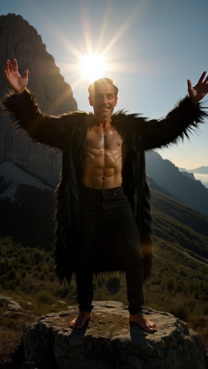 Subject: A shirtless middle-aged man with a black fur coat standing on a rock. Subject movement: He raises his arms wide in a moment of triumph. Scene: A breathtaking mountainous landscape at sunset, with the sun casting a bright halo behind the peak. Style: Golden-hour lighting creating a warm, dramatic glow against the rugged mountains. Motion: The camera starts with a close-up on the man's face, then pulls back in a smooth arc to reveal the expansive scenery around him, emphasizing the contrast between his strong presence and the majestic backdrop.