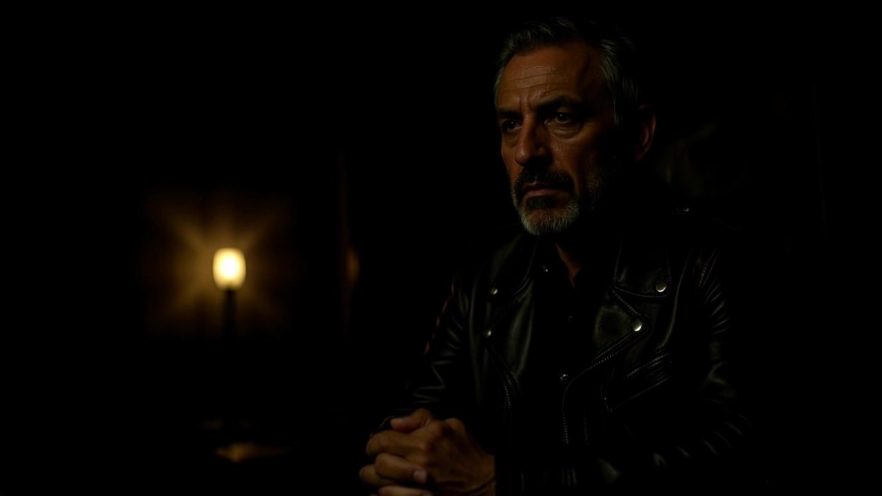 Scene: A middle-aged man with a beard and gray hair sits contemplatively in a dimly lit room, wearing a black leather jacket. Style: Soft, moody lighting from a single lamp casts gentle shadows on the walls, enhancing the serious atmosphere. Motion: The camera slowly dolly in towards the man, capturing the intensity of his expression as he reflects quietly, hands clasped.