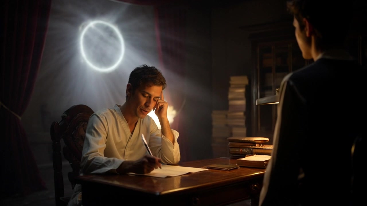 Subject: A focused individual writing at a wooden desk. Subject movement: The person moves the quill gracefully across the parchment, pausing frequently to think. Scene: A cozy, dimly-lit study filled with shelves of books and scattered scrolls. Style: Soft, warm lighting creating an inviting atmosphere, emphasizing the texture of the wood and the delicate details of the ancient parchment. Motion: The camera begins with a close-up of the hand writing, then smoothly pulls back to reveal a wider shot of the entire desk and study.