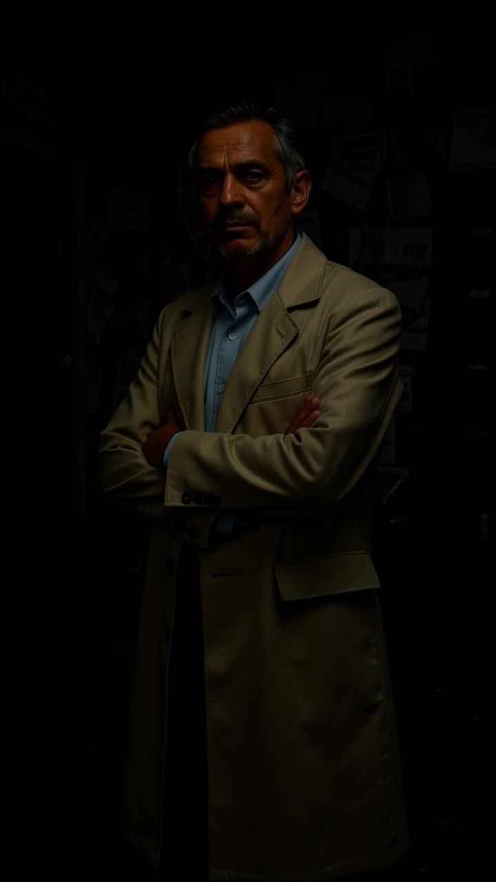 Subject: A middle-aged man standing with crossed arms, exuding an air of contemplation. Scene: A dimly lit room, with shadows creating a moody atmosphere, illuminating the man in a soft, dramatic light. Motion: The camera slowly approaches the man from a slight low angle, highlighting the intensity of his serious expression, with a shallow depth of field focusing on his face while the background fades softly.