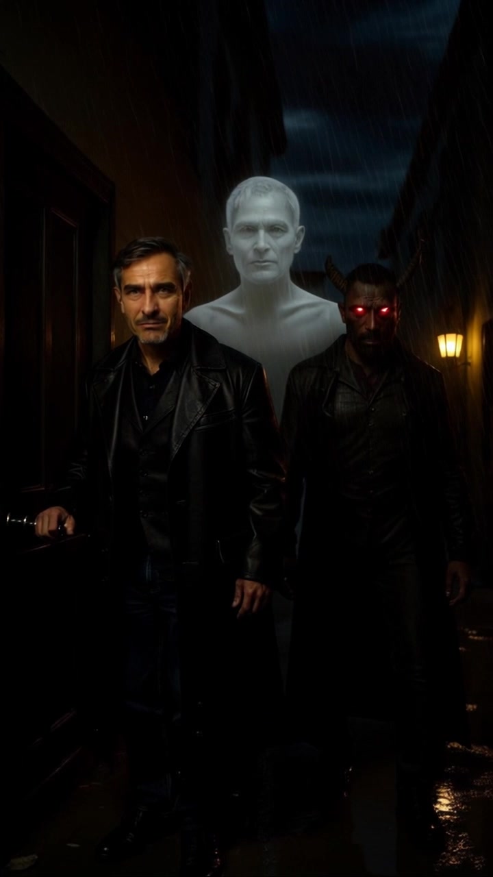 Scene: A dark, rainy alley where a serious man in a black leather coat stands at a door, flanked by a ghostly pale figure and a dark horned figure with glowing red eyes. Style: Gloomy, ambient lighting accentuated by reflective wet surfaces. Motion: The camera slowly zooms in on the trio, capturing the rain sheeting down and creating a moody atmosphere, as the horned figure leans slightly forward, eyes glowing ominously, while the pale figure lingers in the shadows.