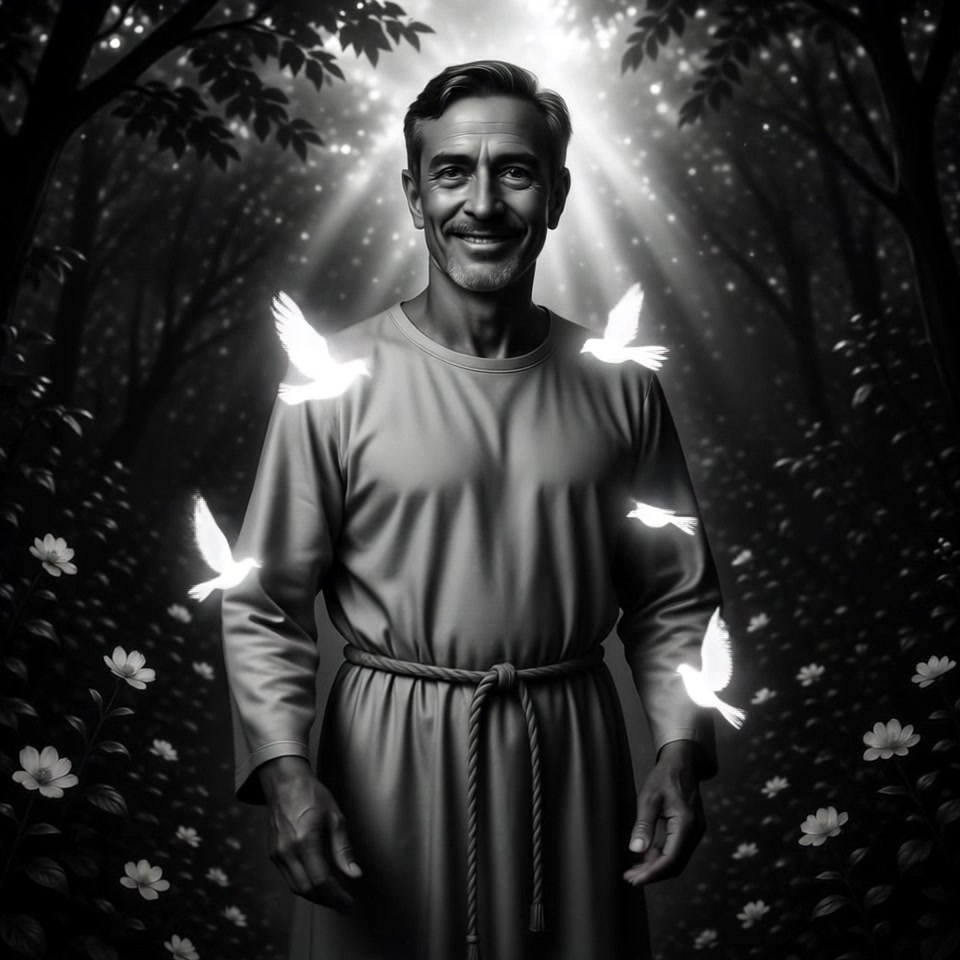 Subject: A middle-aged man with a gentle smile standing serenely in a glowing forest. Subject movement: He breathes deeply, gently extending his arms as white doves flutter around him. Scene: An enchanting forest illuminated by beams of light filtering through the trees, with radiant white doves in flight. Style: Soft, ethereal lighting creates a magical, dreamlike atmosphere. Motion: The camera slowly pushes in, capturing the man's joyful reaction and the elegant dance of the doves as they take off, creating a tranquil and uplifting ambiance.