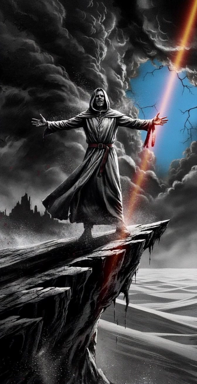 Subject: A robed figure standing on the edge of a jagged cliff. Subject movement: The figure unfolds their arms wide as if embracing the stormy sky. Scene: Dramatic cliff edge surrounded by dark, swirling clouds with a beam of radiant orange light piercing through. Style: The lighting contrasts between the moody storm clouds and the bright orange beam create an intense atmosphere. Motion: Camera slowly pushes in towards the figure from a low angle, emphasizing their stance against the backdrop of the turbulent sky.