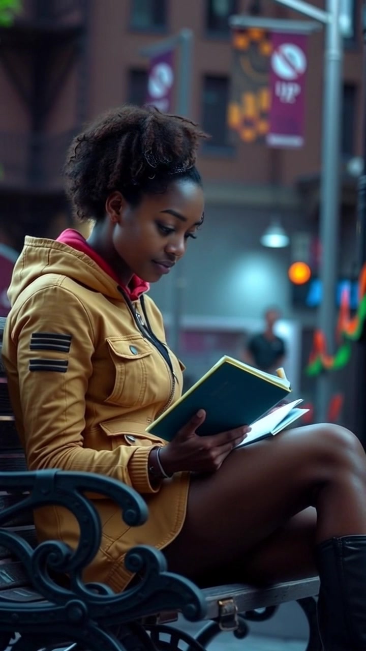 Subject: A young woman sitting on a park bench, deeply engrossed in a notebook with a thoughtful expression. Scene: A serene city park filled with vibrant green trees and soft sunlight filtering through the leaves. Motion: Camera slowly pushes in towards the woman, capturing the details of her pensive demeanor and the pages of her notebook. Style: Warm, ambient lighting bathes the scene in a gentle glow, enhancing the tranquil atmosphere.