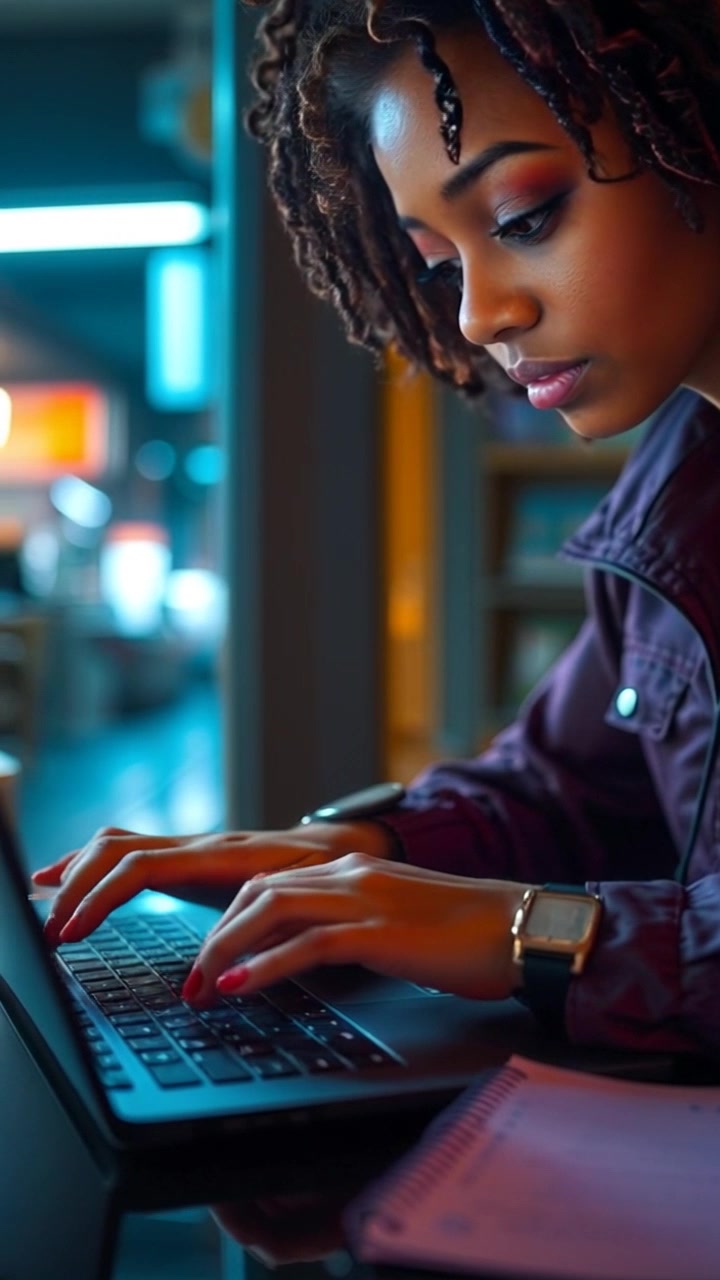 Scene: Close-up of hands typing energetically on a laptop keyboard, surrounded by scattered notes in a cozy study environment. Style: Soft, warm lighting creating an inviting atmosphere with a slight bokeh effect in the background. Motion: The camera pushes in slowly to focus on the hands as they move decisively over the keys, capturing the intensity of the moment.