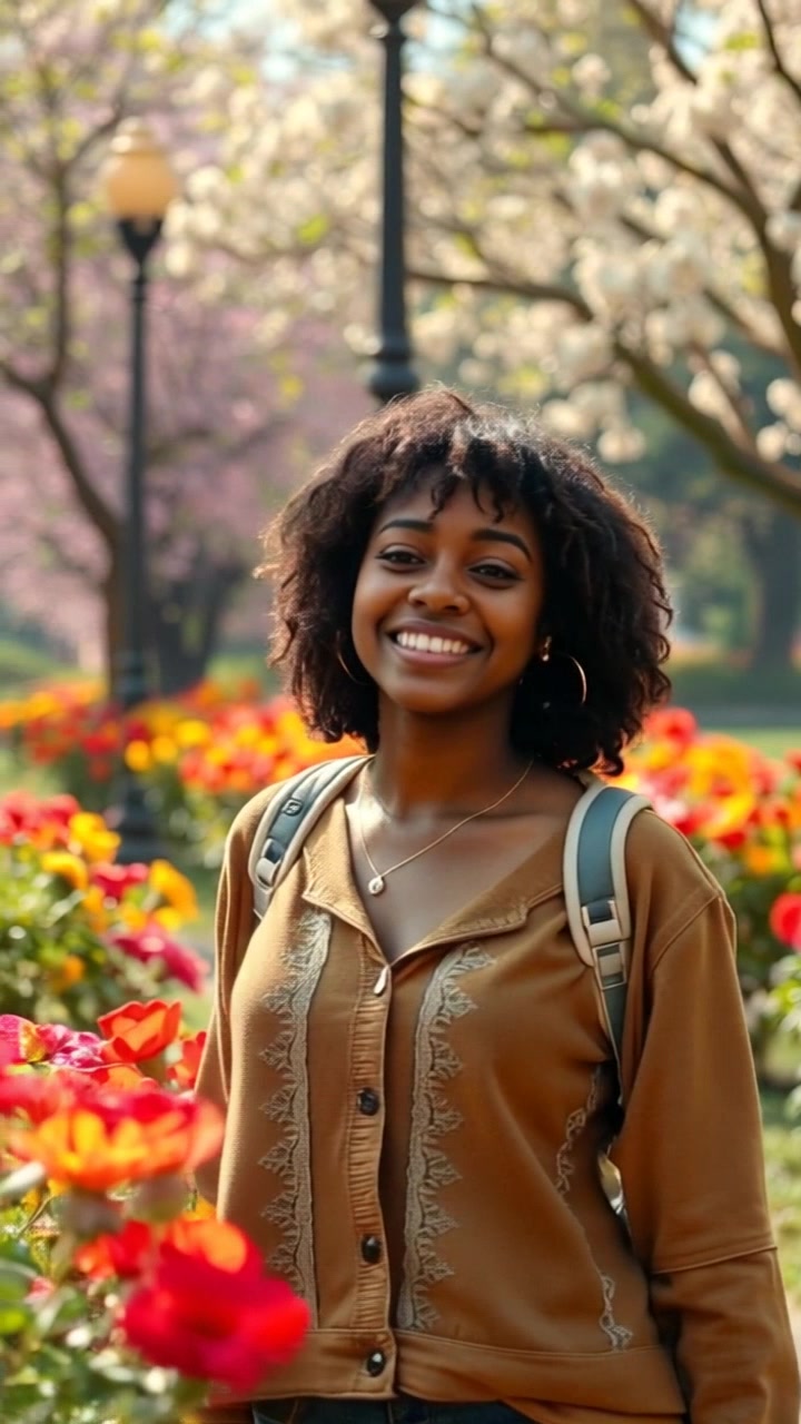 Subject: Nia walking through a park. Subject movement: Nia strolls casually, her smile reflecting joy as she takes in the vibrant surroundings. Scene: A lush park filled with blooming flowers and tall trees, creating a serene atmosphere. Lighting: Soft, natural daylight illuminating the colorful blooms and greenery. Motion: The camera glides along the path, smoothly following Nia's movement as she walks, capturing the beauty of the flowers swaying gently in the breeze.