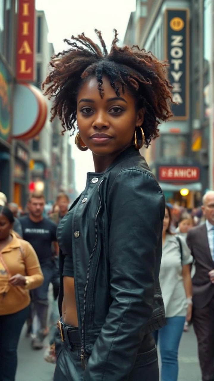 Subject: Nia standing confidently in a bustling city street, surrounded by people. Subject movement: Nia looks around, making subtle gestures as if engaging with her surroundings, while pedestrians move past in lively motion. Scene: A vibrant urban scene filled with towering skyscrapers, colorful storefronts, and a diverse crowd. Style: Bright, midday lighting enhances the urban atmosphere, giving a sense of energy and movement. Motion: The camera performs a dynamic panning shot, capturing Nia's confident stance in the foreground as the busy city life unfolds around her.