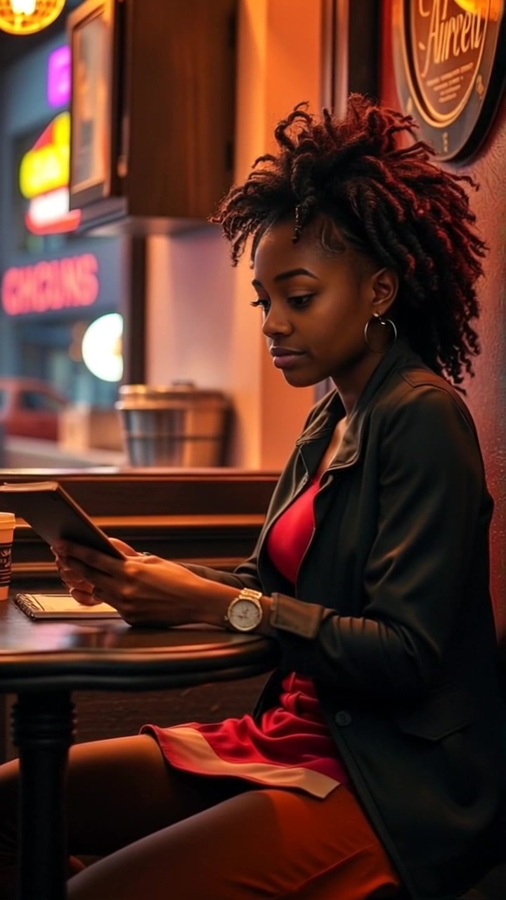 Subject: A young woman in a cozy cafe setting. Subject movement: She leans slightly forward, her eyes focused on the pages of her notebook. Scene: An inviting cafe with warm wooden tones, soft lighting, and distant chatter providing a soothing backdrop. Style: Ambient light enhancing the soft textures of the cafe, with a hint of steam rising from a cup in the foreground. Motion: The camera gently pushes in for a close-up of her concentrated expression, then glides smoothly around to capture the surrounding atmosphere.