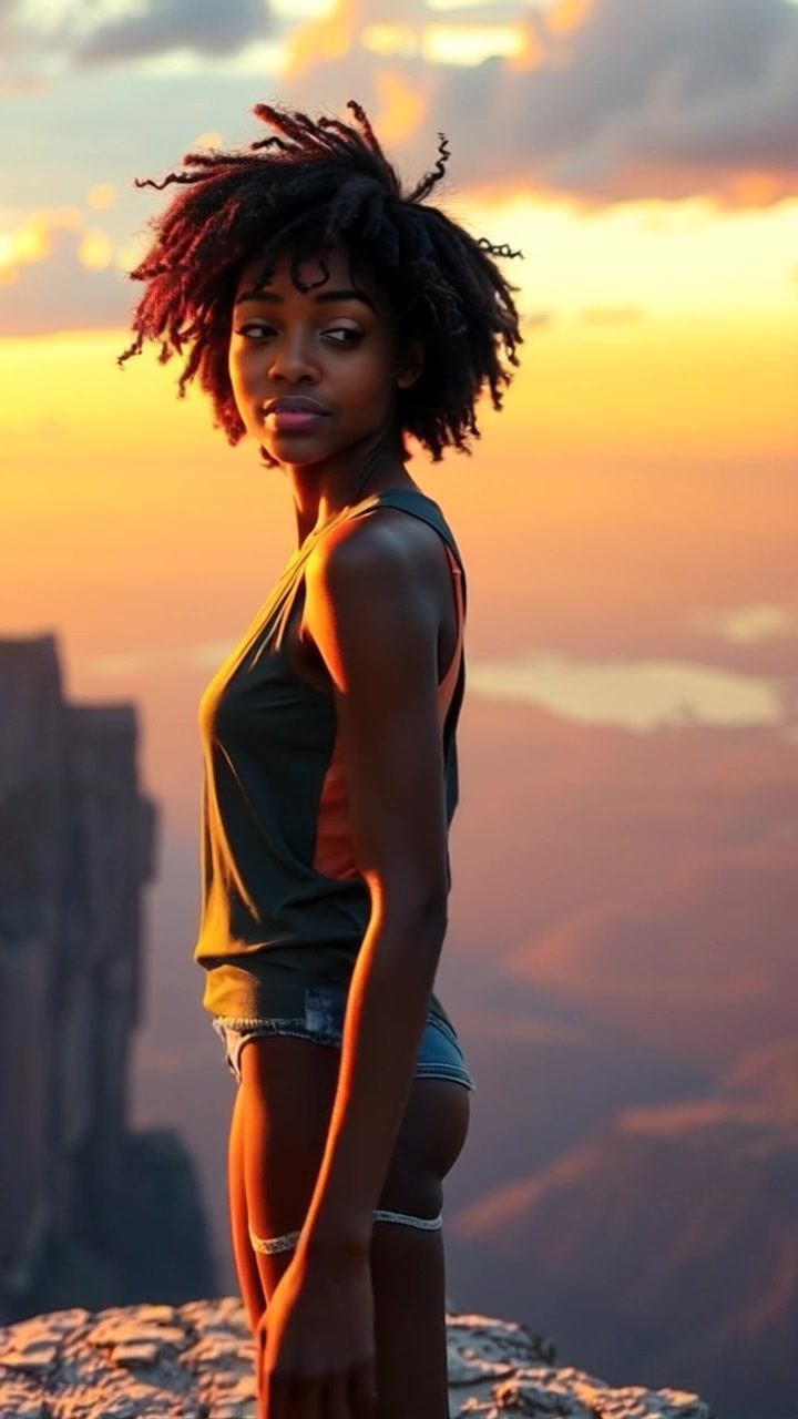 Subject: A figure standing at the edge of a cliff, gazing out at the expansive sky. Subject movement: The figure turns slightly, arms outstretched as if embracing the vastness. Scene: A breathtaking cliffside overlooking a sweeping, open sky filled with soft clouds. Style: Bright, natural light enhances the colors of the landscape, creating an open and airy atmosphere. Motion: Handheld camera slowly pulls back to reveal the grandeur of the scene, capturing the figure's connection with nature.