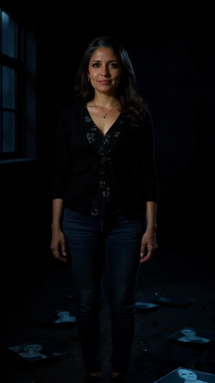 Subject: Asha, standing still in a dark room with a faint smile. Scene: A dimly lit room illuminated by soft moonlight streaming through the window, casting gentle shadows on the walls. Style: Soft, ambient lighting combined with the cool, silver tones of moonlight creating a serene, introspective atmosphere. Motion: The camera slowly zooms in on Asha's face, capturing the subtle warmth of her smile as the background fades into deeper shadows.