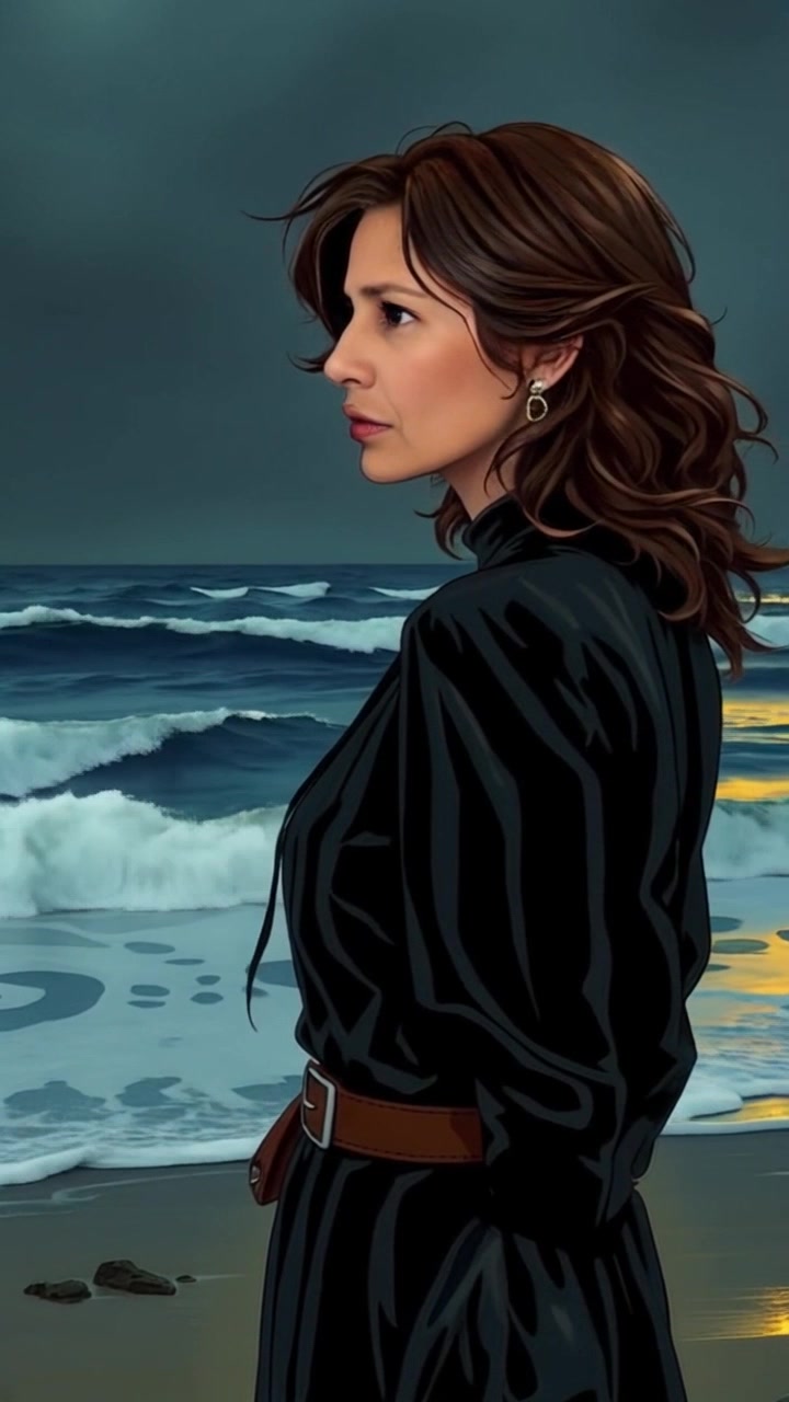 Subject: Asha standing on a beach, gazing thoughtfully at the ocean waves. Subject movement: Asha remains still, her hair gently tousled by the sea breeze as she takes in the vastness before her. Scene: Serene beach setting with soft, rolling waves lapping at the shore under a pastel sky. Style: Soft morning light illuminating the scene, creating a tranquil atmosphere. Motion: The camera performs a slow handheld tracking shot, moving in towards Asha, capturing her contemplative expression against the backdrop of the expansive ocean.