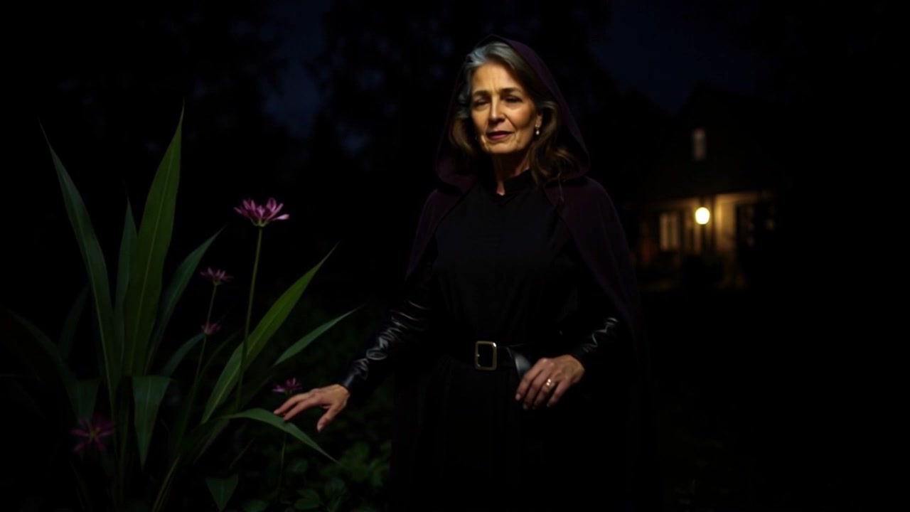 Subject: An older woman draped in a dark hooded cloak. Subject movement: She gazes attentively towards the vibrant purple flowers swaying gently in the night breeze. Scene: In a moonlit garden surrounded by tall green plants, an enigmatic house looms dimly in the background, adding to the atmosphere. Style: Soft, atmospheric lighting envelops the scene in mystery, with shadows cast by the flickering moonlight. Motion: The camera slowly pushes in, creating an intimate focus on the woman as she subtly shifts her gaze, revealing the beauty of her surroundings in a magical night tableau.