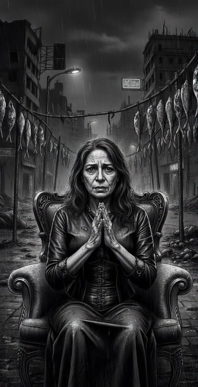 Subject: A serious middle-aged woman with long hair, sitting still on an ornate armchair. Scene: A rainy, desolate urban street lined with hanging fish on poles, beneath a dark and gloomy sky. Style: Moody, dim lighting highlighting the rain-soaked street. Motion: The camera begins with a close-up on the woman's expressive face, then slowly pulls back to reveal the contrast between her solitude and the eerie surroundings, creating a sense of isolation.