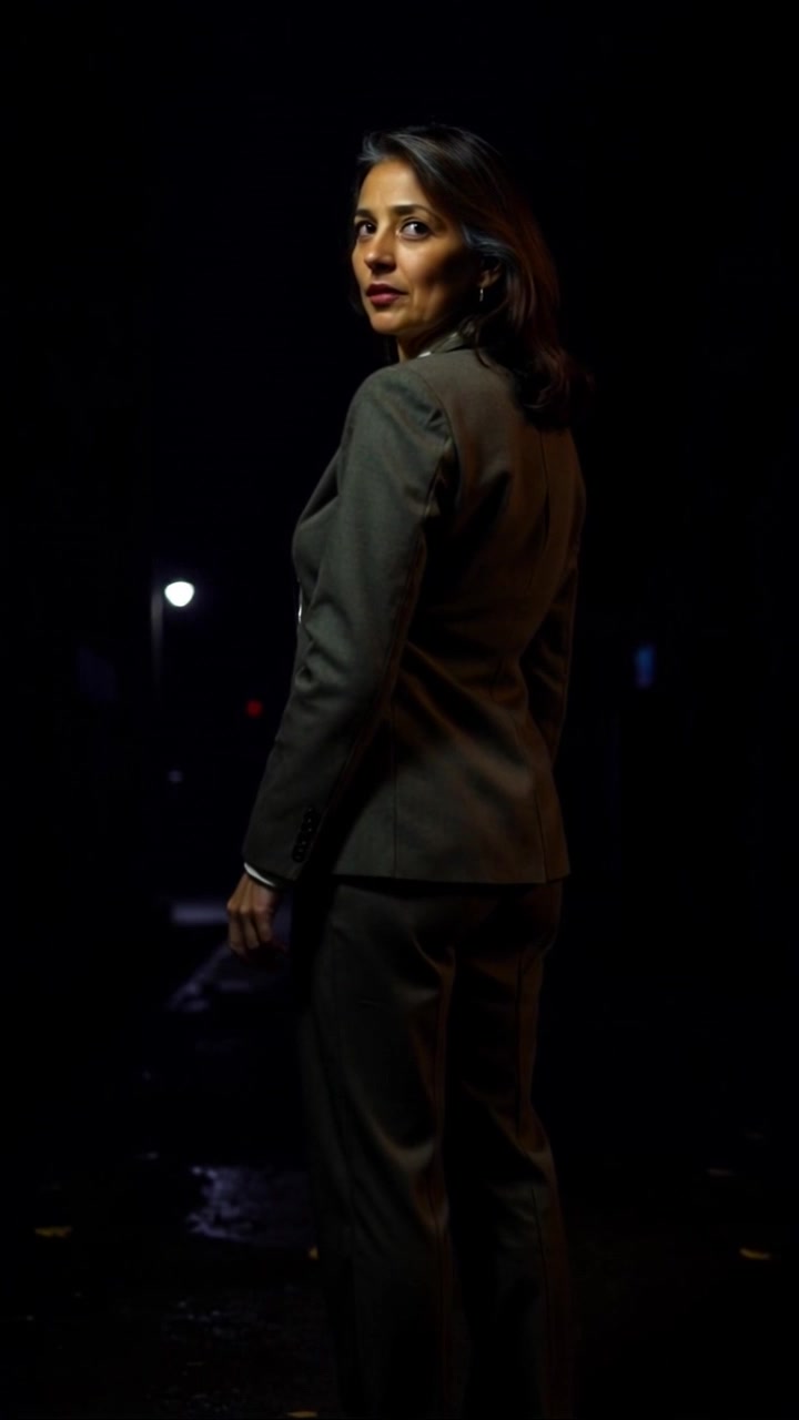Subject: A person standing in a dimly lit alley. Subject movement: The individual turns her head, glancing over her shoulder with a concerned expression. Scene: Anjali in a narrow alley with shadowy walls and faint streetlights illuminating patches of the ground. Style: Low light creating a moody and tense atmosphere with soft shadows. Motion: The camera slowly pushes in, capturing the subtle details of the alley and the person's expression, enhancing the feeling of suspense.