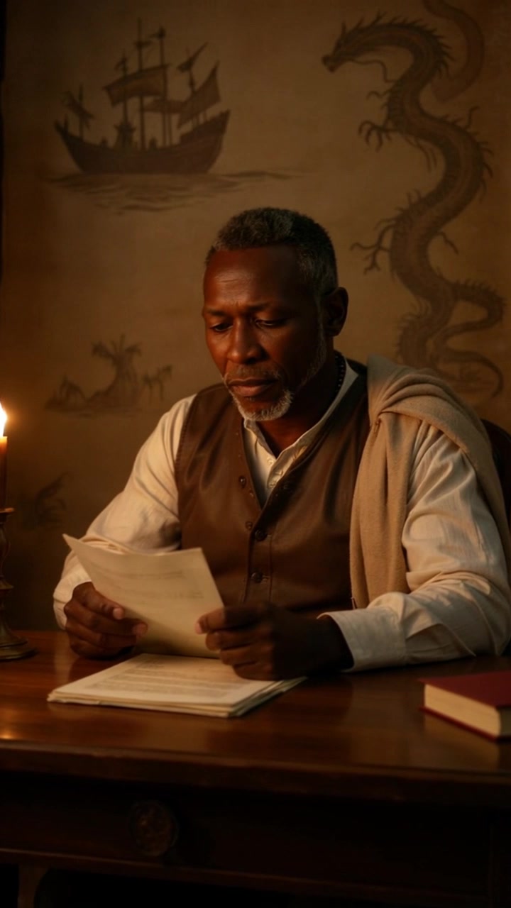 Subject: A middle-aged man with salt-and-pepper hair and beard is absorbed in reading a letter. Subject movement: He gently lifts the letter closer to the candlelight, his expression shifting momentarily with emotional resonance. Scene: A cozy study, characterized by a wooden desk illuminated by flickering candlelight, with an old nautical and dragon-themed mural adorning the background. Style: Warm candlelit ambiance creates a nostalgic and intimate atmosphere. Motion: The camera slowly pushes in, focusing on the man's face and the letter, while the flickering shadows dance on the mural behind him.