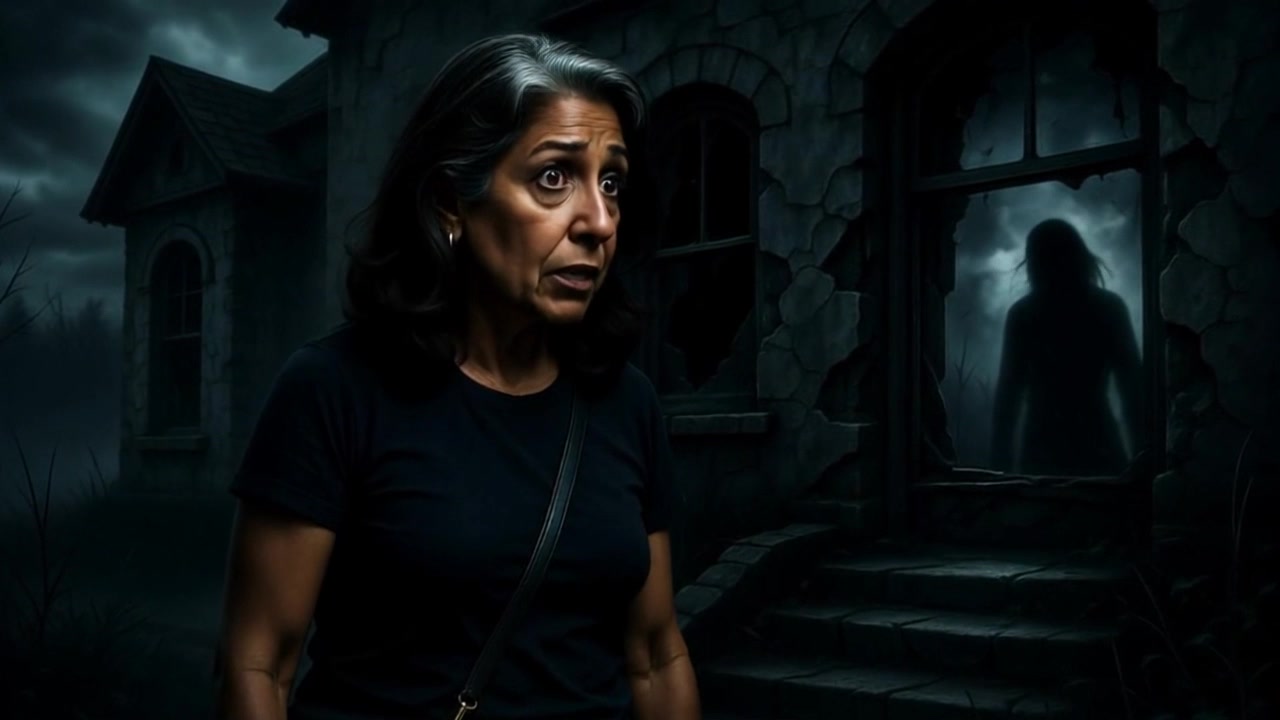 Subject: An anxious woman standing in front of a dilapidated stone house. Subject movement: She shifts nervously from side to side, glancing over her shoulder toward the shadowy figure in the window. Scene: At night, the setting is an eerie and crumbling house with broken windows, shrouded in darkness. Style: Dim lighting enhances the suspenseful atmosphere, with flickering shadows adding to the tension. Motion: The camera performs a slow dolly-in towards the woman's face, capturing her anxious expression, before panning to reveal the ominous figure in the background.