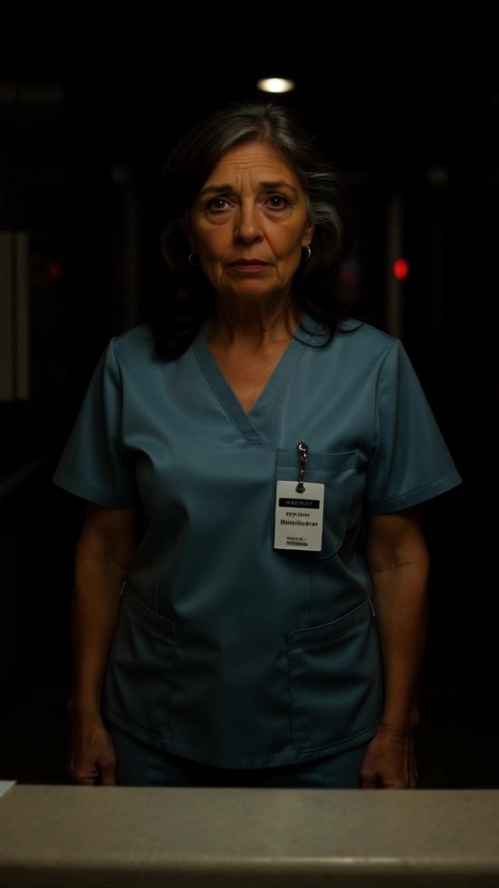 Subject: An older woman in blue medical scrubs. Subject movement: She maintains a serious expression while standing still behind the counter in a dimly lit hallway. Scene: A dimly lit hallway in a medical facility, the subdued light creates shadows that add tension to the atmosphere. Style: Low-key lighting accentuating the woman's features, enhancing the somber mood. Motion: Camera slowly pushes in to focus on her expression, capturing the depth of her gaze and the surrounding shadows.