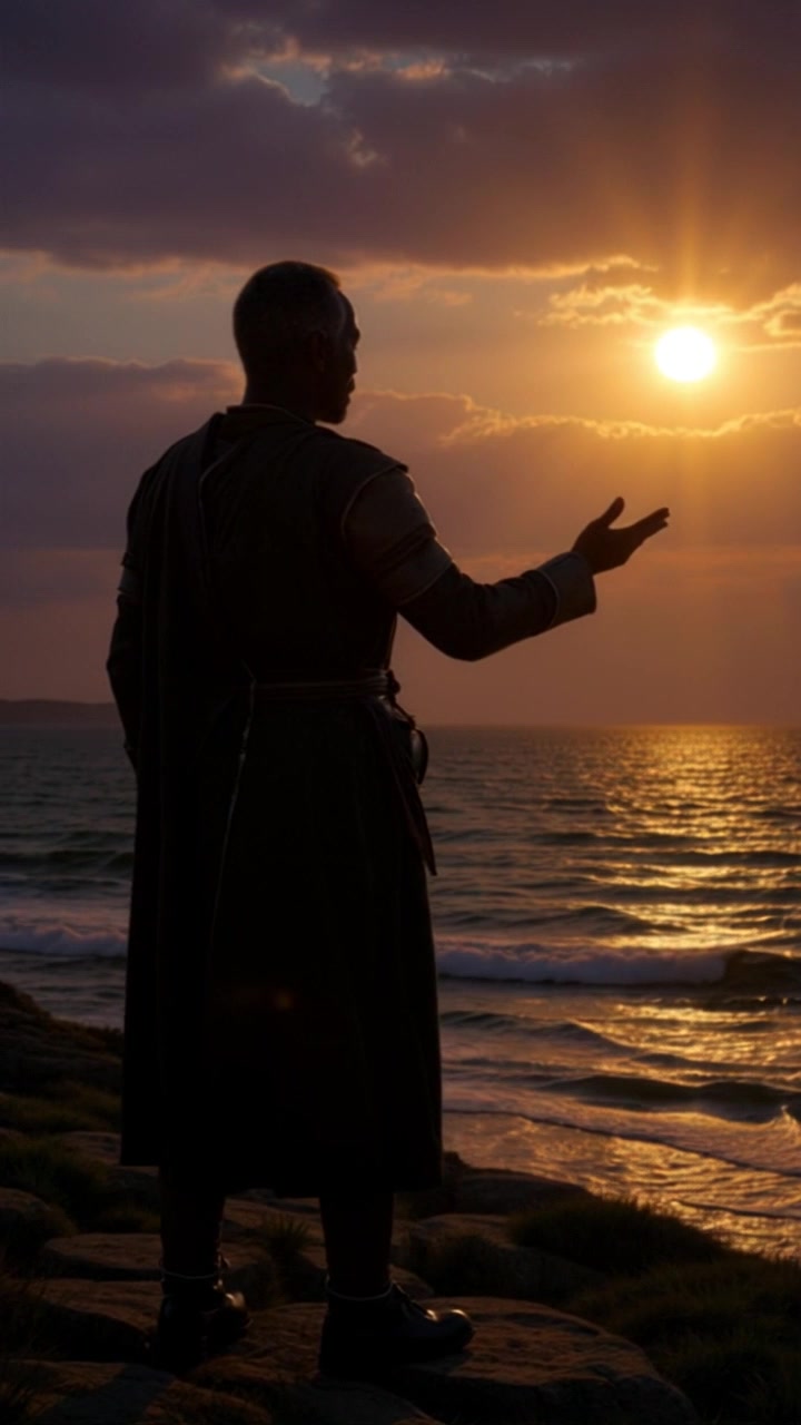 Subject: Kwame standing on a rocky shore. Subject movement: He gestures toward the ocean with a mystical expression, as if conversing with the waves. Scene: A rugged coastline meets the vast ocean under a vivid sky, with crashing waves and scattered rocks adding texture to the setting. Style: Ambient lighting captures the tranquil yet captivating atmosphere. Motion: The camera slowly pushes in on Kwame as he speaks, weaving through the rocky formations, revealing the depth of the sea behind him.
