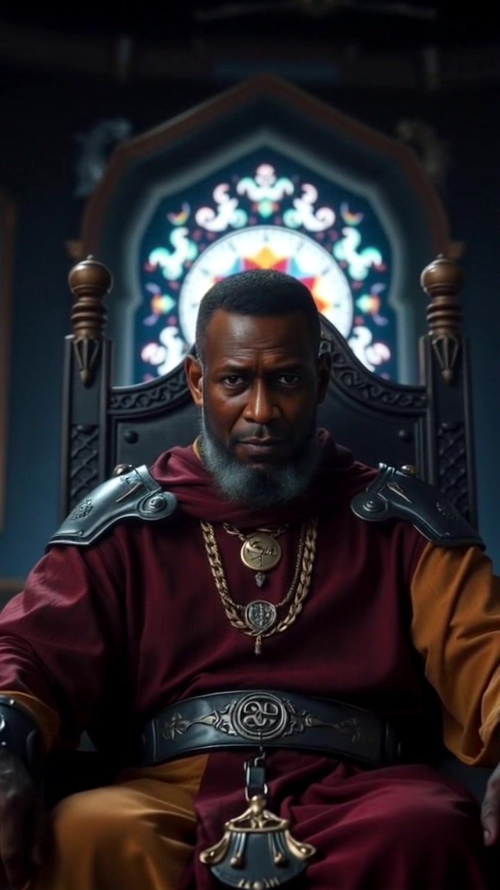Subject: A figure seated on an ornate throne. Scene: A dimly lit room with rich textures and shadows, highlighting the elaborate throne's design. Style: Moody ambient lighting creates an atmosphere filled with tension, emphasizing the figure's frowning expression. Motion: The camera slowly zooms in, capturing the intricate details of the throne and the subject's contemplative demeanor.