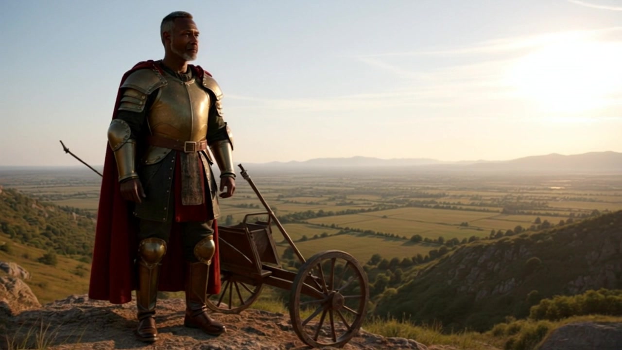 Subject: A middle-aged man in shiny medieval armor and a red cape. Subject movement: He stands defiantly, gazing across the vast landscape. Scene: On a rocky hill beside a wooden cart, overlooking a sweeping vista of fields and distant mountains bathed in the warm hues of a setting sun. Style: The atmosphere is dramatic with the golden light accentuating the textures of the armor and the rich colors of the landscape. Motion: The camera slowly pans from the man's intense expression to reveal the breathtaking scenery behind him, capturing the interplay of light and shadow as day transitions to night.