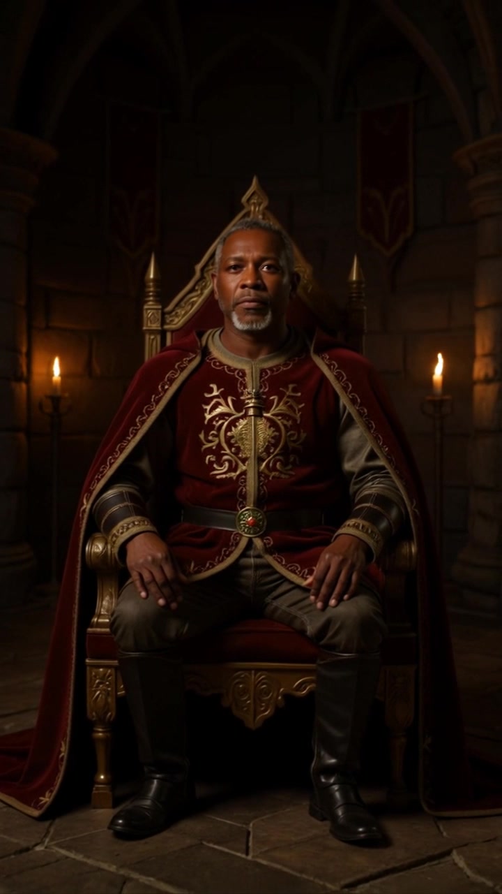 Subject: A middle-aged man in an ornate red and gold medieval robe sitting on a carved wooden throne. Subject movement: He leans slightly forward, adjusting his robes with measured grace. Scene: A dimly lit stone chamber adorned with flickering torches, casting warm, golden light that dances on the rough stone walls. Motion: The camera begins with a close-up on the man's face, transitioning to a slow, dramatic push out to capture the full grandeur of the throne and chamber, accentuating the regal atmosphere. The lighting creates a moody ambiance, enhancing the sense of nobility and mystery in the setting.