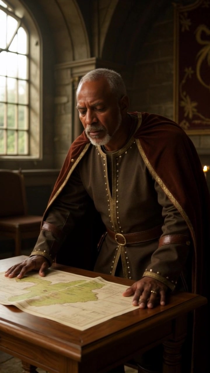 Subject: An older man in a medieval-style robe with gray hair and beard. Subject movement: He leans closer to a wooden table, examining a detailed map with intense focus. Scene: A dimly lit stone room with arched windows, illuminated by scattered candlelight creating a warm ambiance. Motion: Camera slowly pushes in from the side, capturing the man's concentration, while shadows dance on the stone walls, enhancing the mysterious atmosphere.