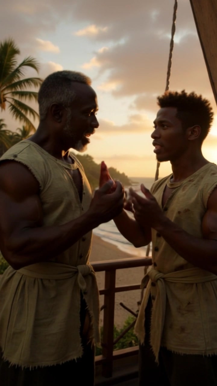 Subject: Two muscular Black men engaged in an intense conversation. Subject movement: They gesture animatedly, leaning slightly closer to emphasize their points. Scene: A wooden balcony overlooking a lush tropical beach with palm trees swaying gently in the warm breeze. Style: Warm, sunset lighting casting a golden hue on the scene, enhancing the vibrant colors of the beach. Motion: Camera slowly pushes in, capturing the intensity of their discussion while revealing the breathtaking ocean view behind them.