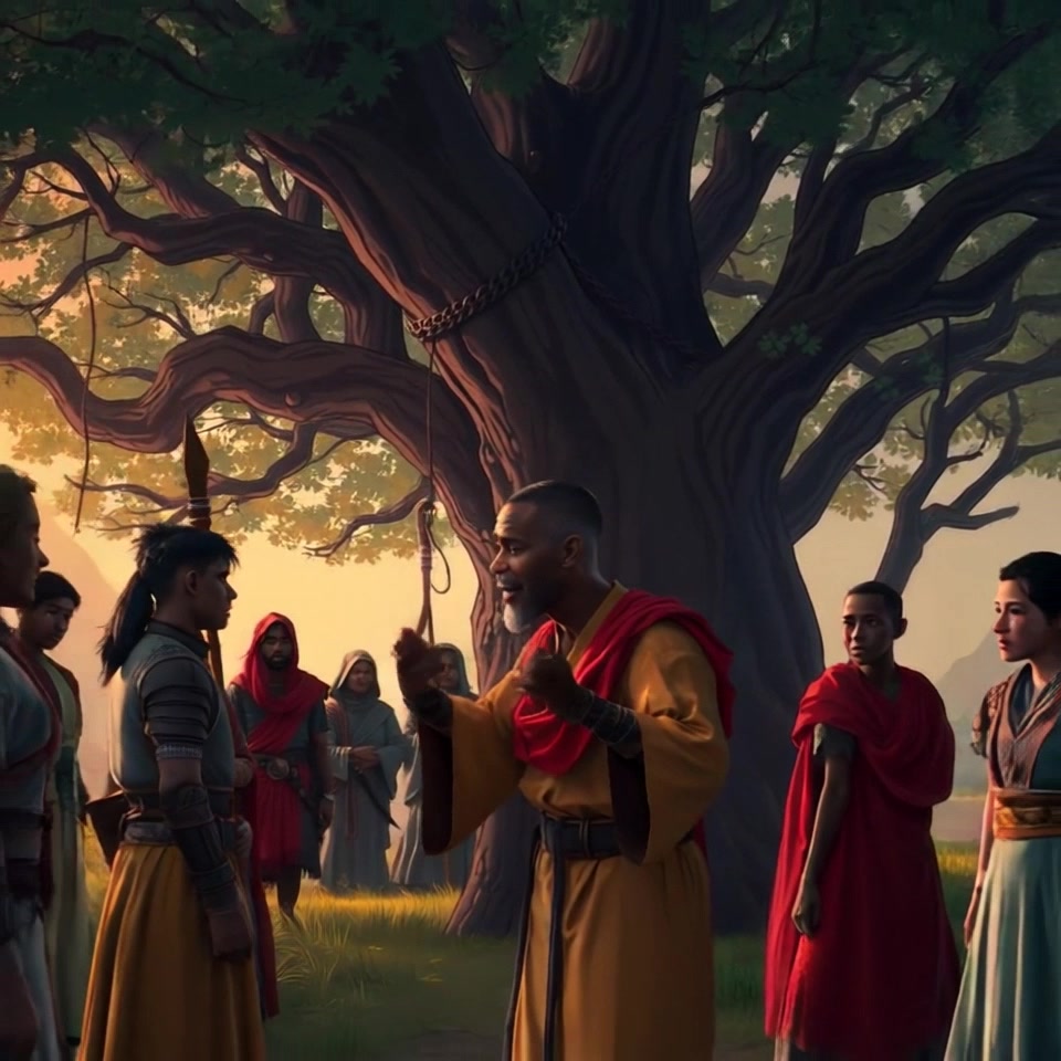 Scene: A vibrant gathering of villagers under a large, leafy tree, with one person at the center engaging the group in conversation. Style: Warm, ambient light filtering through the tree's canopy, casting dappled shadows on the ground. Motion: The camera employs a sweeping, handheld tracking shot that circles around the group, capturing their expressions and reactions while subtly zooming in on the speaker's animated gestures.