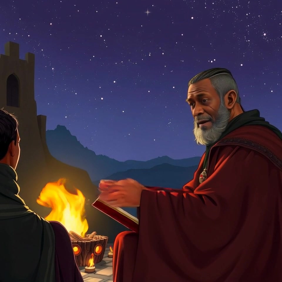 Scene: Kwame sitting by a crackling fire in a village, surrounded by an attentive audience of villagers under a vast, starry sky. Lighting: Warm hues from the flames contrasting with the cool night sky, creating an inviting atmosphere. Motion: The camera moves in a slow, circular motion around the group, capturing the flickering firelight and the faces of the villagers, as Kwame animatedly shares his stories.