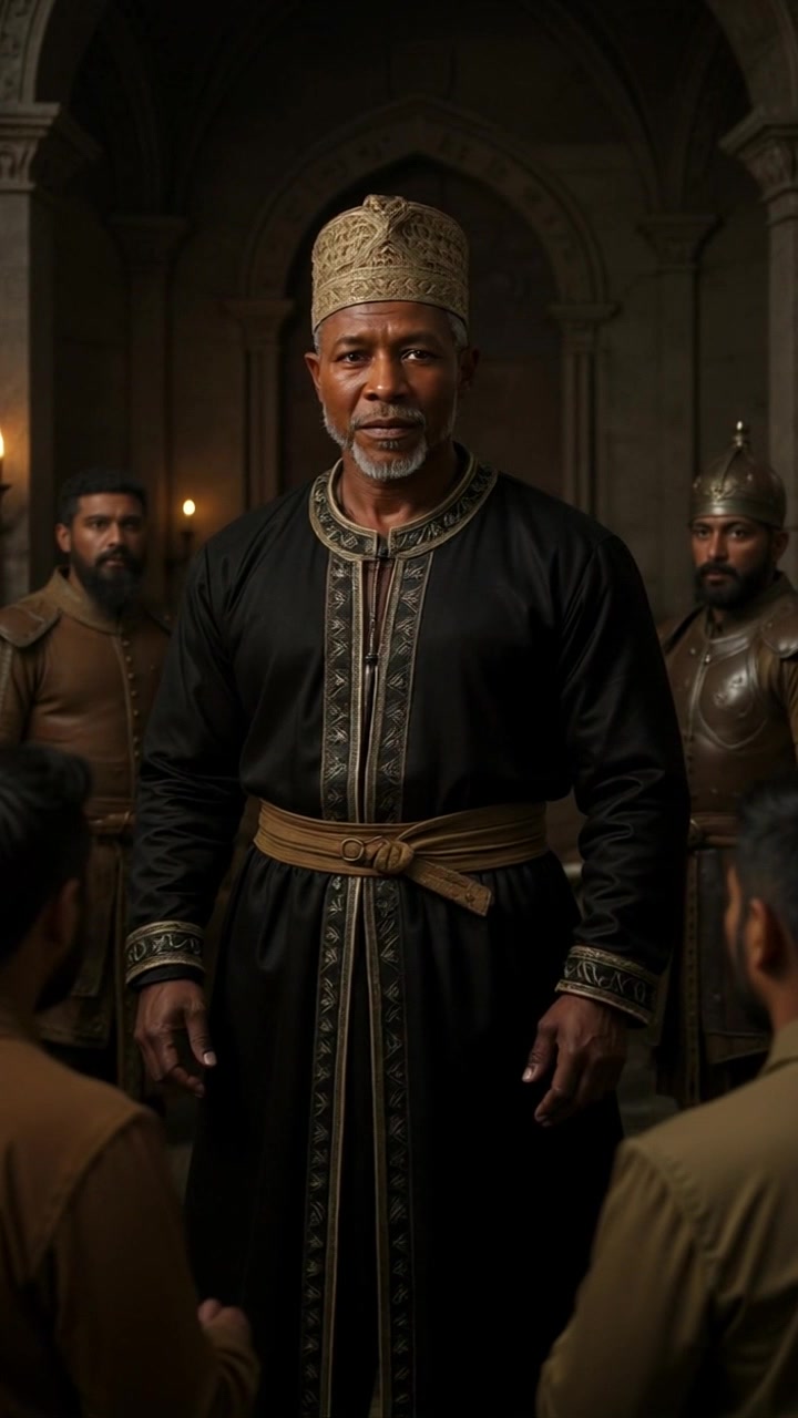 Subject: An older man wearing a traditional ornate hat and black robe with intricate gold trim stands authoritatively. Scene: Inside a dimly lit medieval-style stone room, flanked by three men in armor and brown clothing, creating an imposing presence. Style: Subtle, warm lighting highlights the intricate details of the clothing while casting gentle shadows against the stone walls. Motion: The camera performs a slow zoom in on the central figure, capturing the intensity of his expression and the ornate details of the hat, while the background figures remain slightly out of focus, enhancing the focus on the subject.